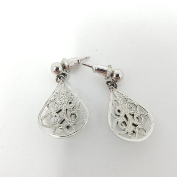 Vintage Blue Cabochon and Silver Tone Filigree Dangle Post Earrings, Estate - Picture 4 of 6